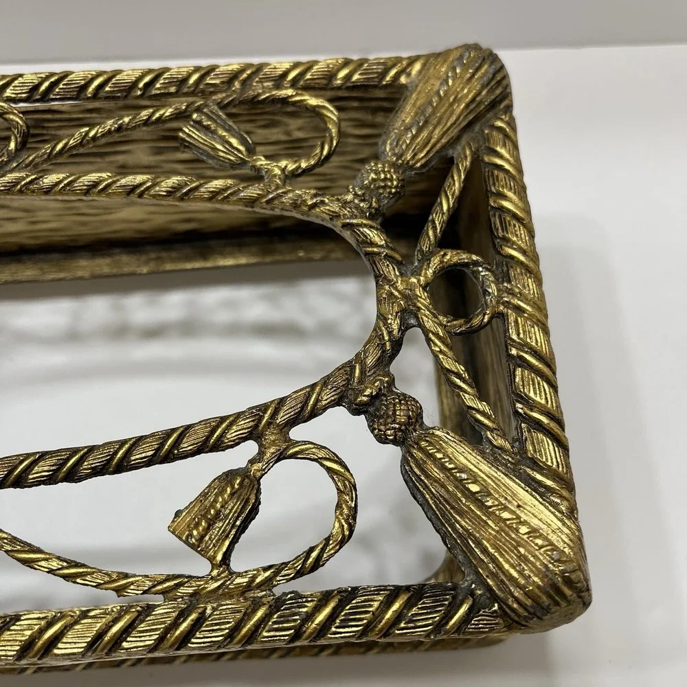 Vintage MCM Brass Tissue Box Cover Hollywood Regency Gold Filigree Tassels